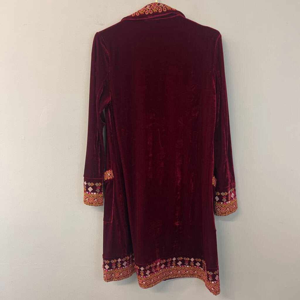 Paparazzi Red Embroidered Velvet Long Open Front Jacket Small