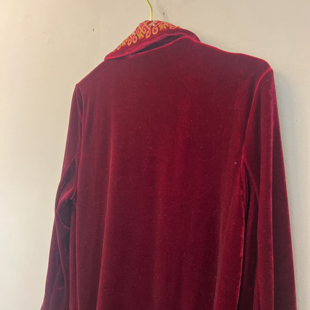 Paparazzi Red Embroidered Velvet Long Open Front Jacket Small