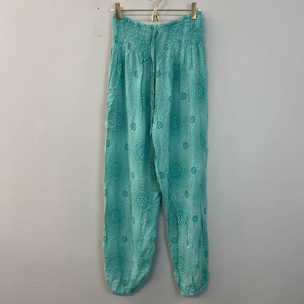 Paradise Island Green/ Mint Print Harem Pants Medium