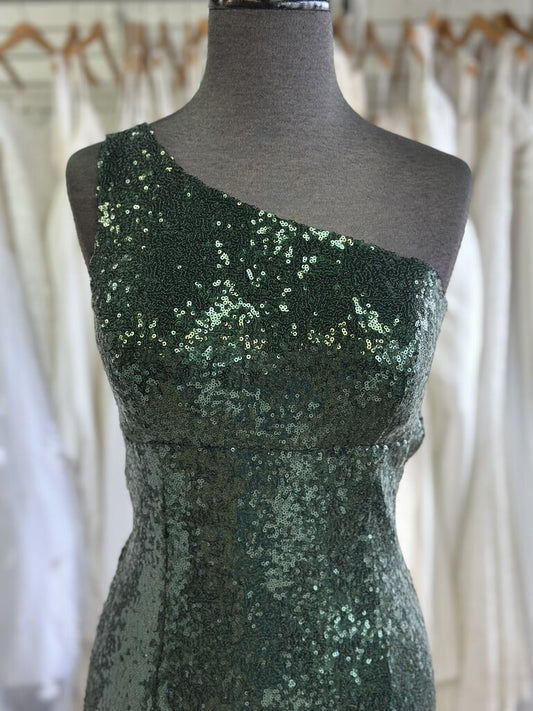 Dark Green One Shoulder Long Sequin Formal Medium