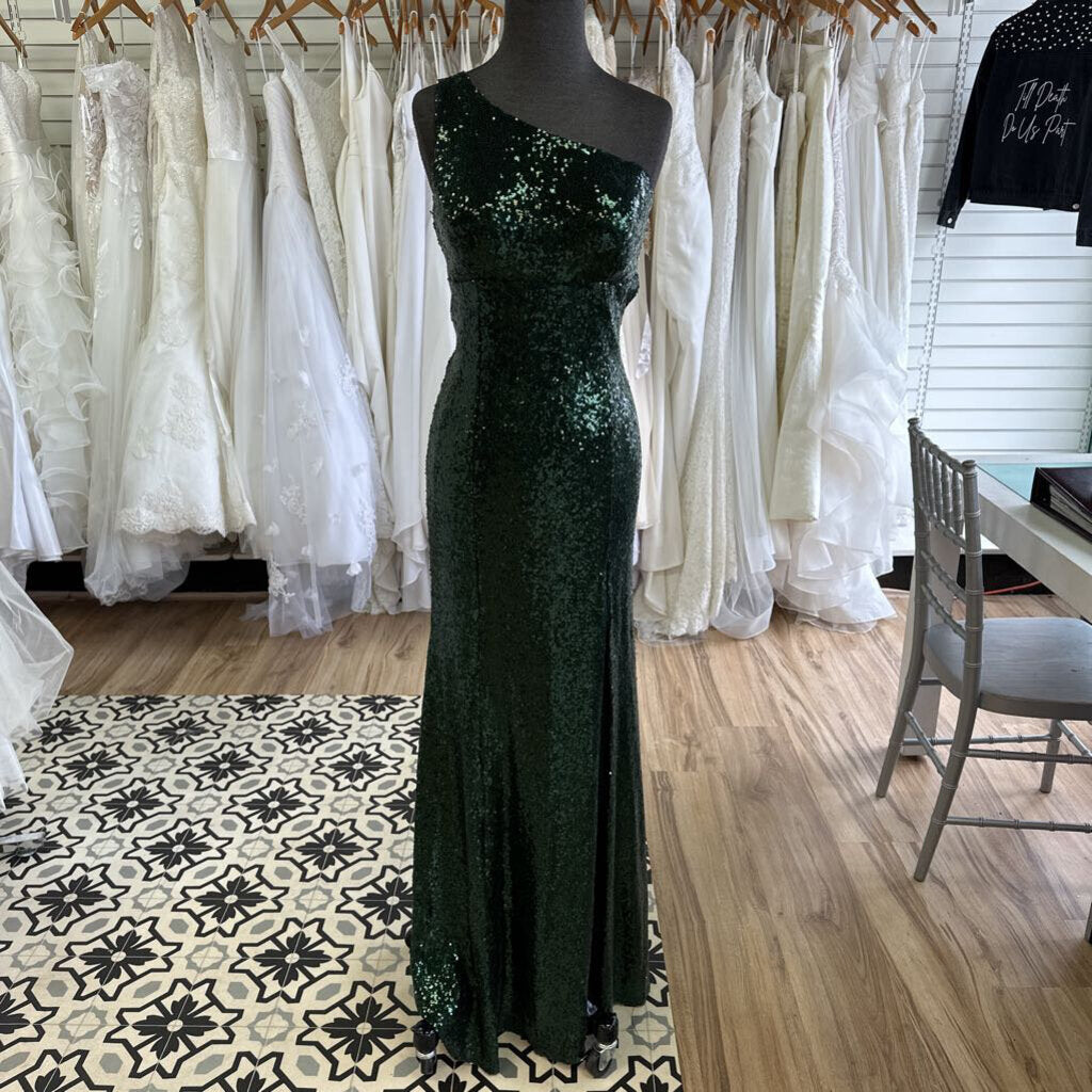 Dark Green One Shoulder Long Sequin Formal Medium