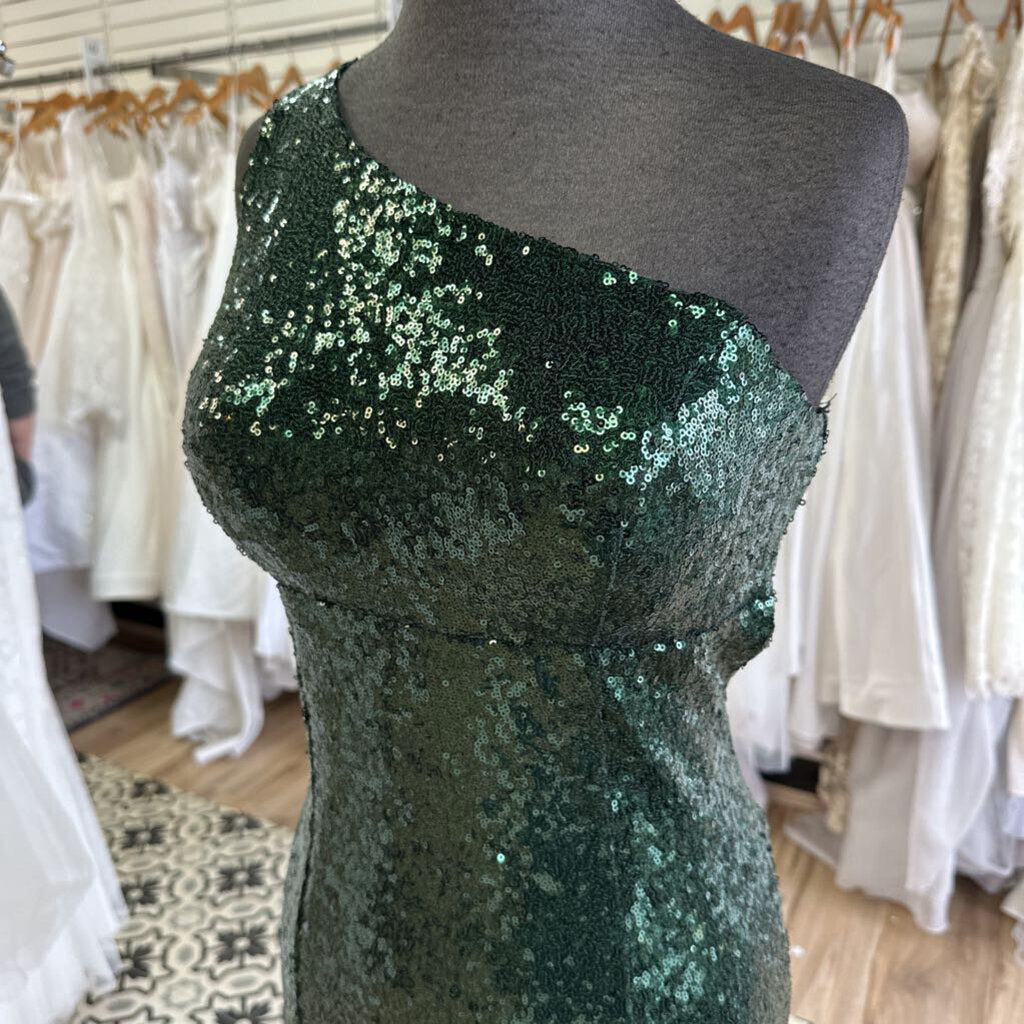 Dark Green One Shoulder Long Sequin Formal Medium