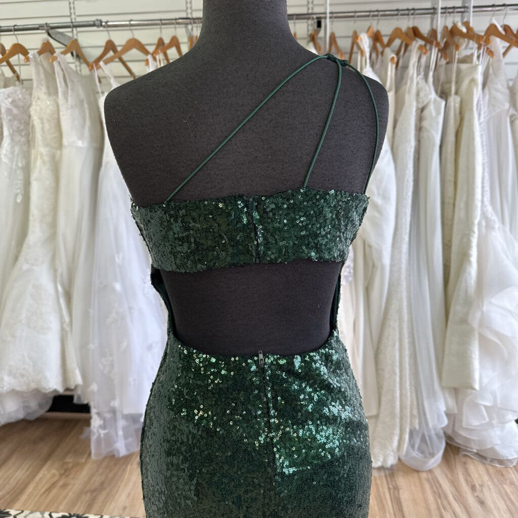 Dark Green One Shoulder Long Sequin Formal Medium