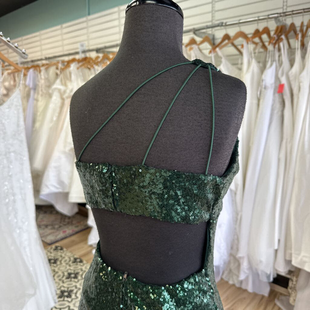 Dark Green One Shoulder Long Sequin Formal Medium