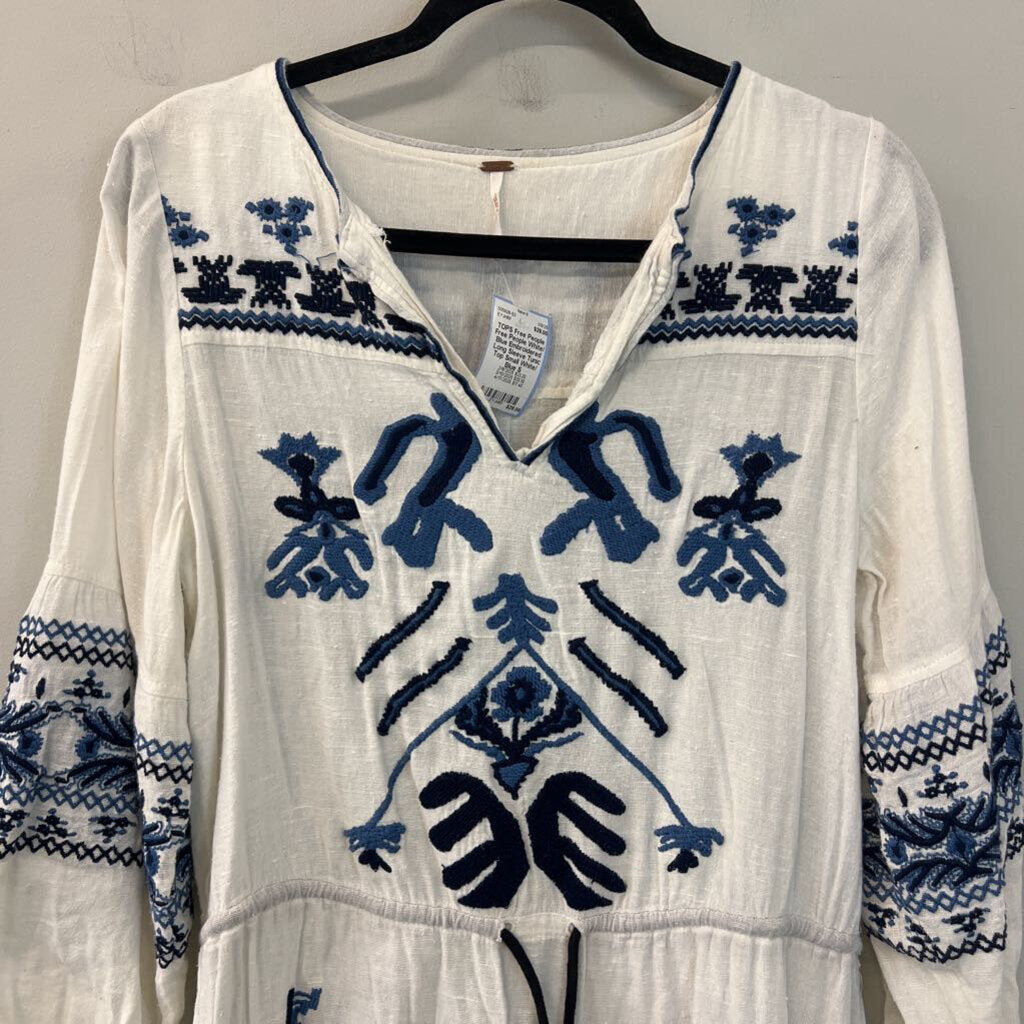 Free People White/ Blue Embroidered Long Sleeve Tunic Top Small