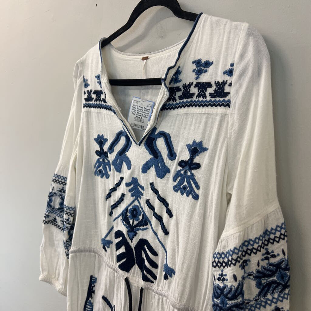 Free People White/ Blue Embroidered Long Sleeve Tunic Top Small