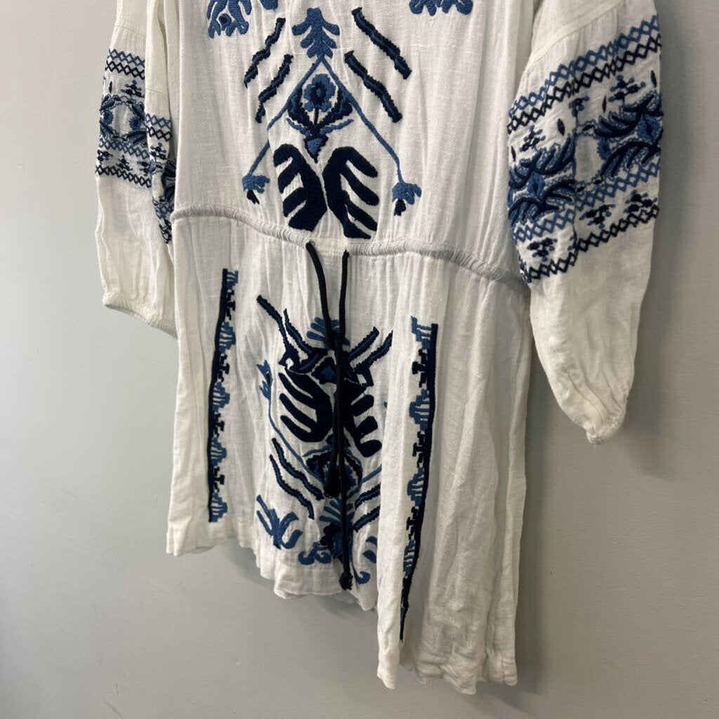 Free People White/ Blue Embroidered Long Sleeve Tunic Top Small