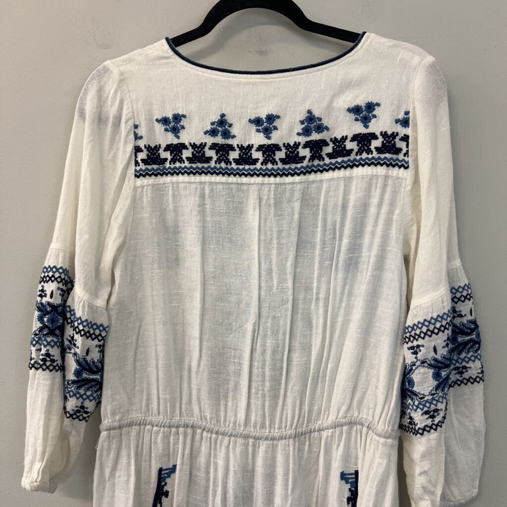 Free People White/ Blue Embroidered Long Sleeve Tunic Top Small