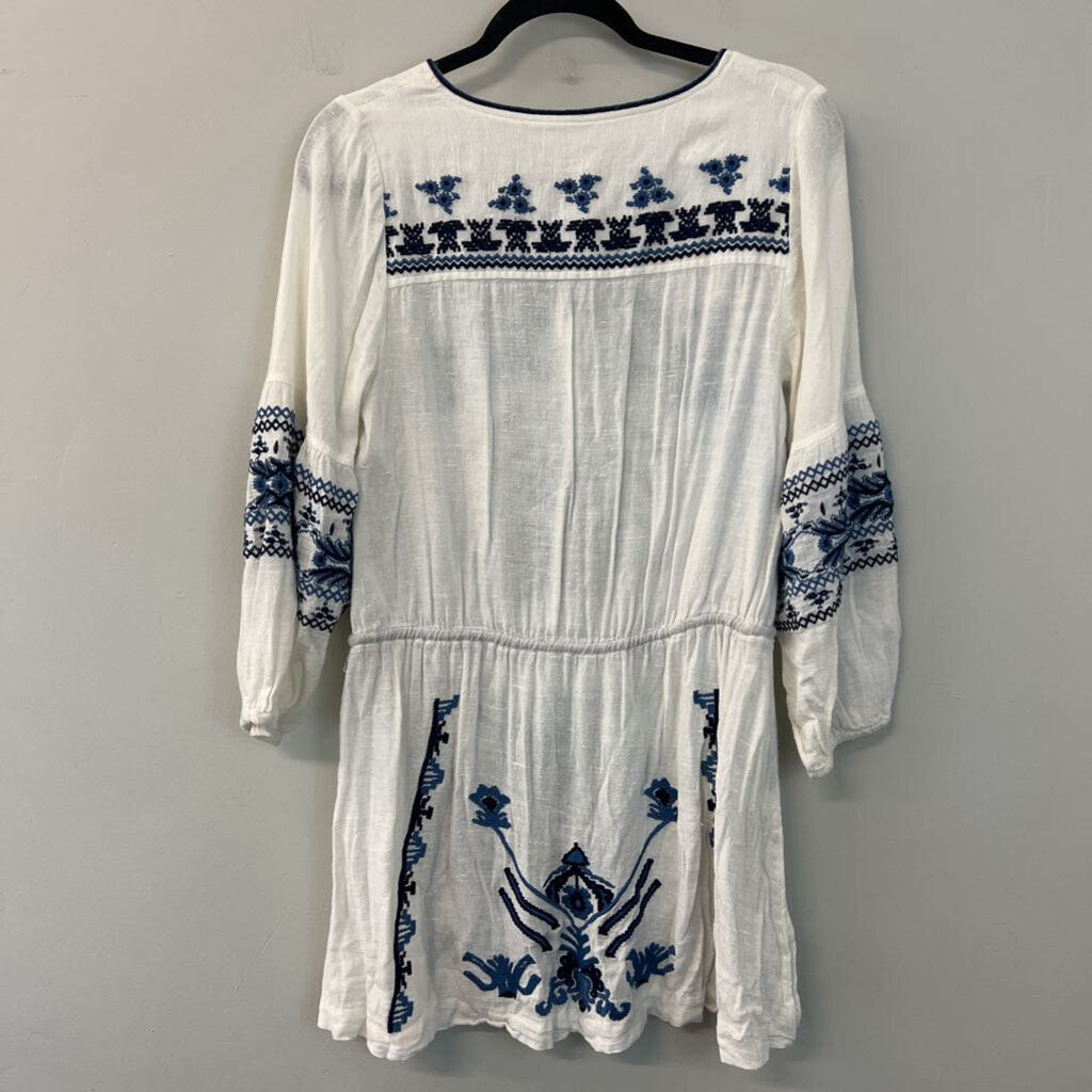 Free People White/ Blue Embroidered Long Sleeve Tunic Top Small