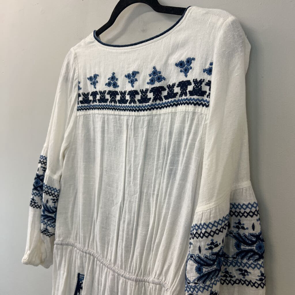 Free People White/ Blue Embroidered Long Sleeve Tunic Top Small