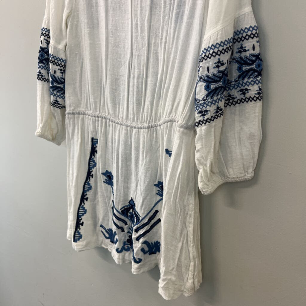 Free People White/ Blue Embroidered Long Sleeve Tunic Top Small