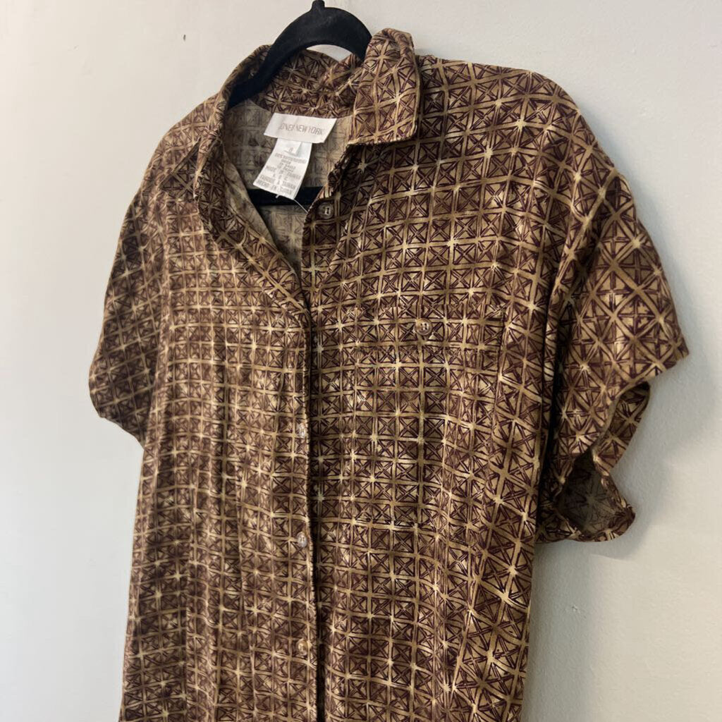 Vintage Jones New York Brown Print Short Sleeve Button Down Top 8