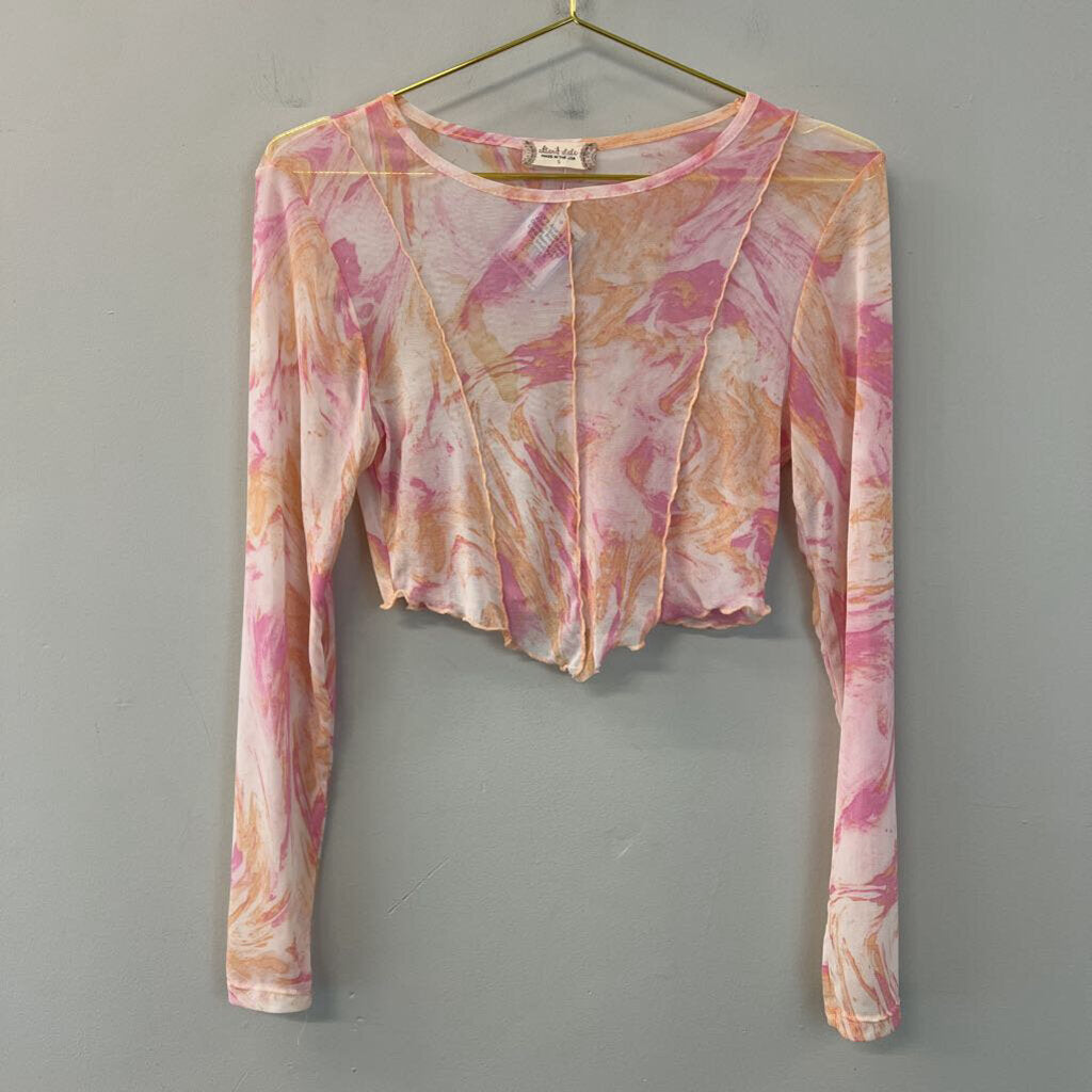 Altar'd State Pink/ Orange Print Sheer Long Sleeve Crop Top Small