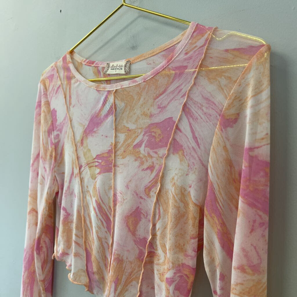 Altar'd State Pink/ Orange Print Sheer Long Sleeve Crop Top Small