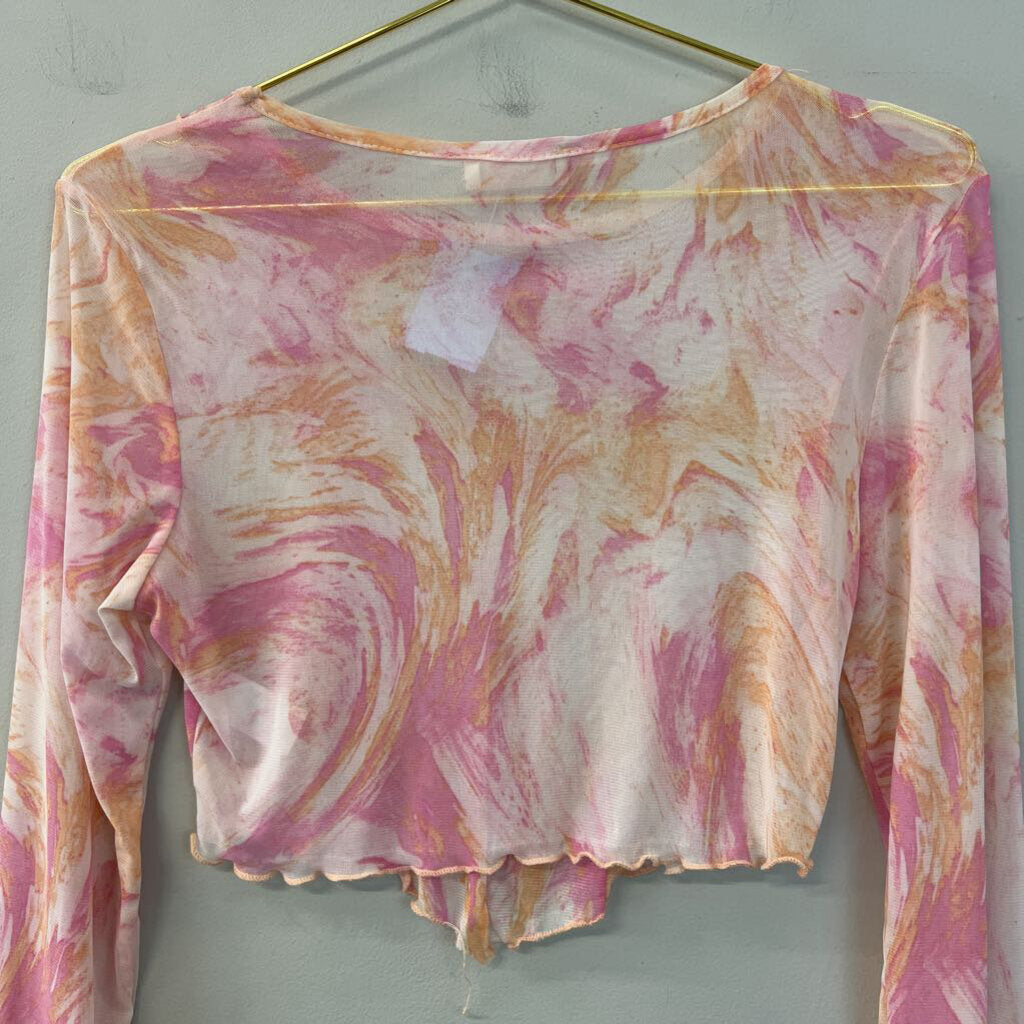 Altar'd State Pink/ Orange Print Sheer Long Sleeve Crop Top Small