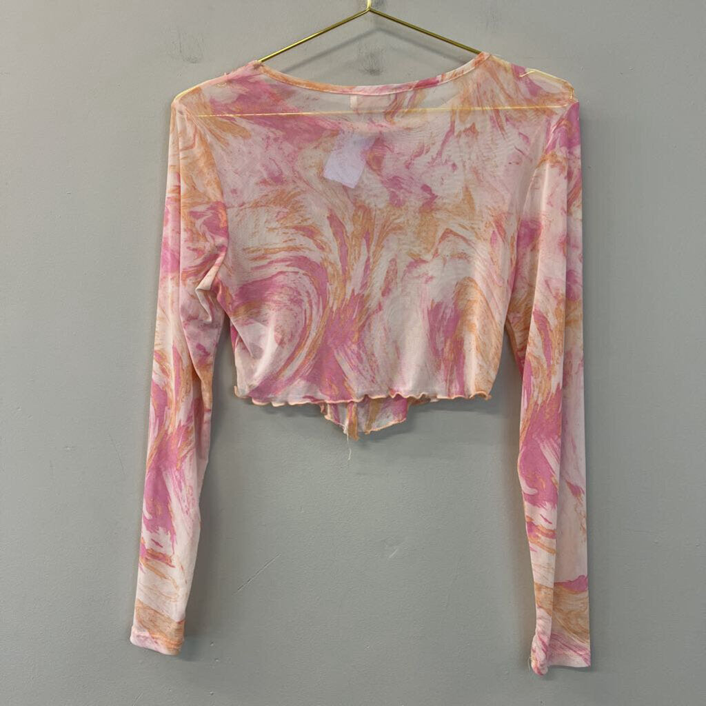 Altar'd State Pink/ Orange Print Sheer Long Sleeve Crop Top Small