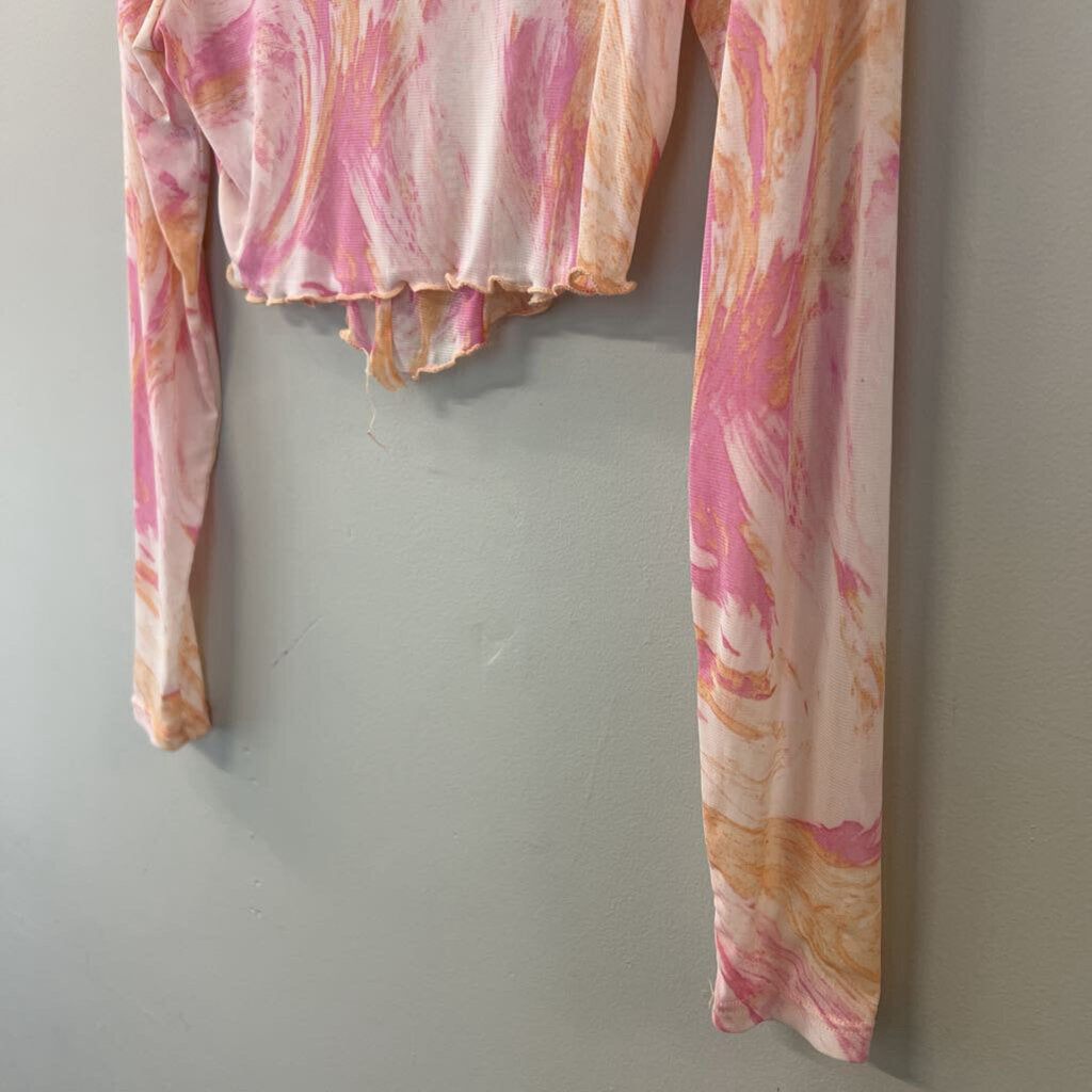 Altar'd State Pink/ Orange Print Sheer Long Sleeve Crop Top Small