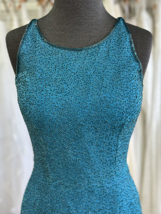 Vintage Scala Teal Fully Beaded Long Formal Medium