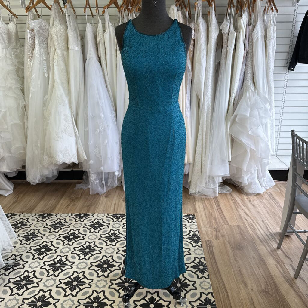 Vintage Scala Teal Fully Beaded Long Formal Medium