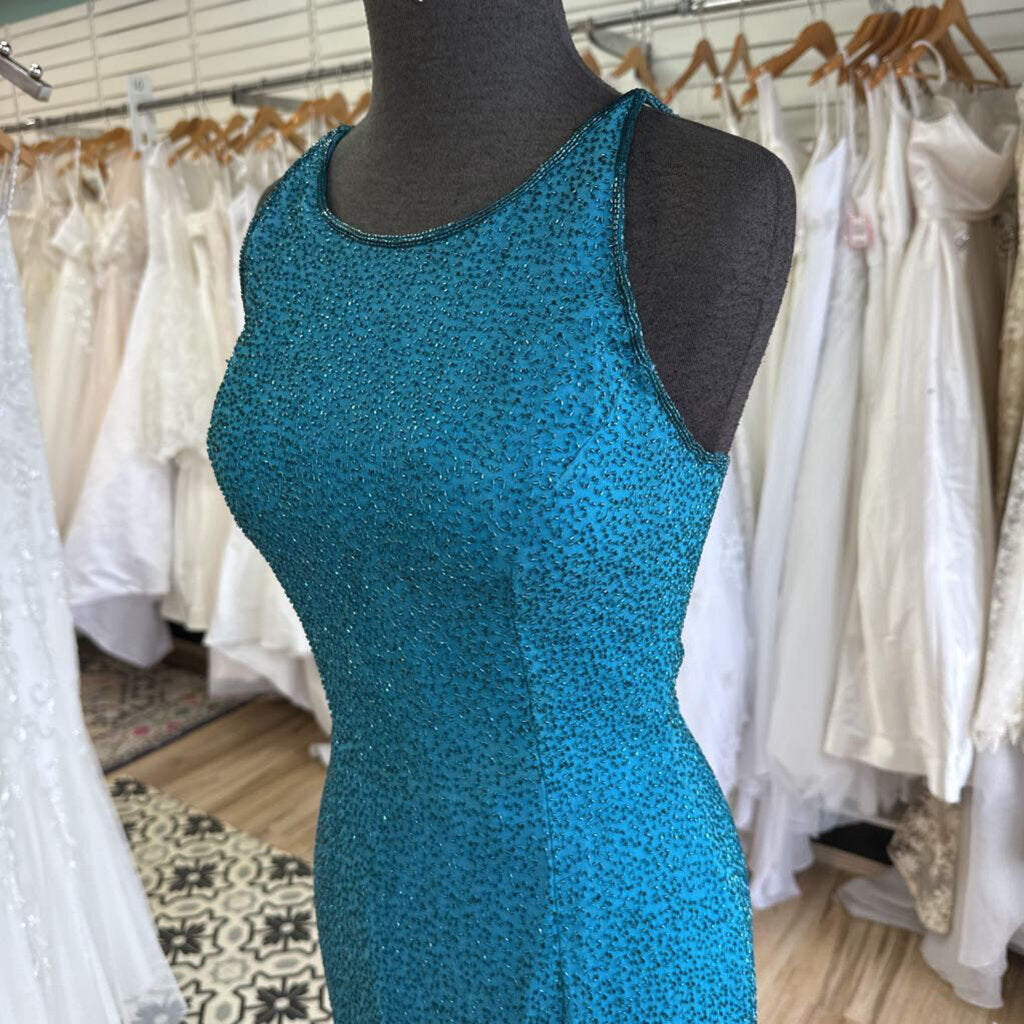 Vintage Scala Teal Fully Beaded Long Formal Medium