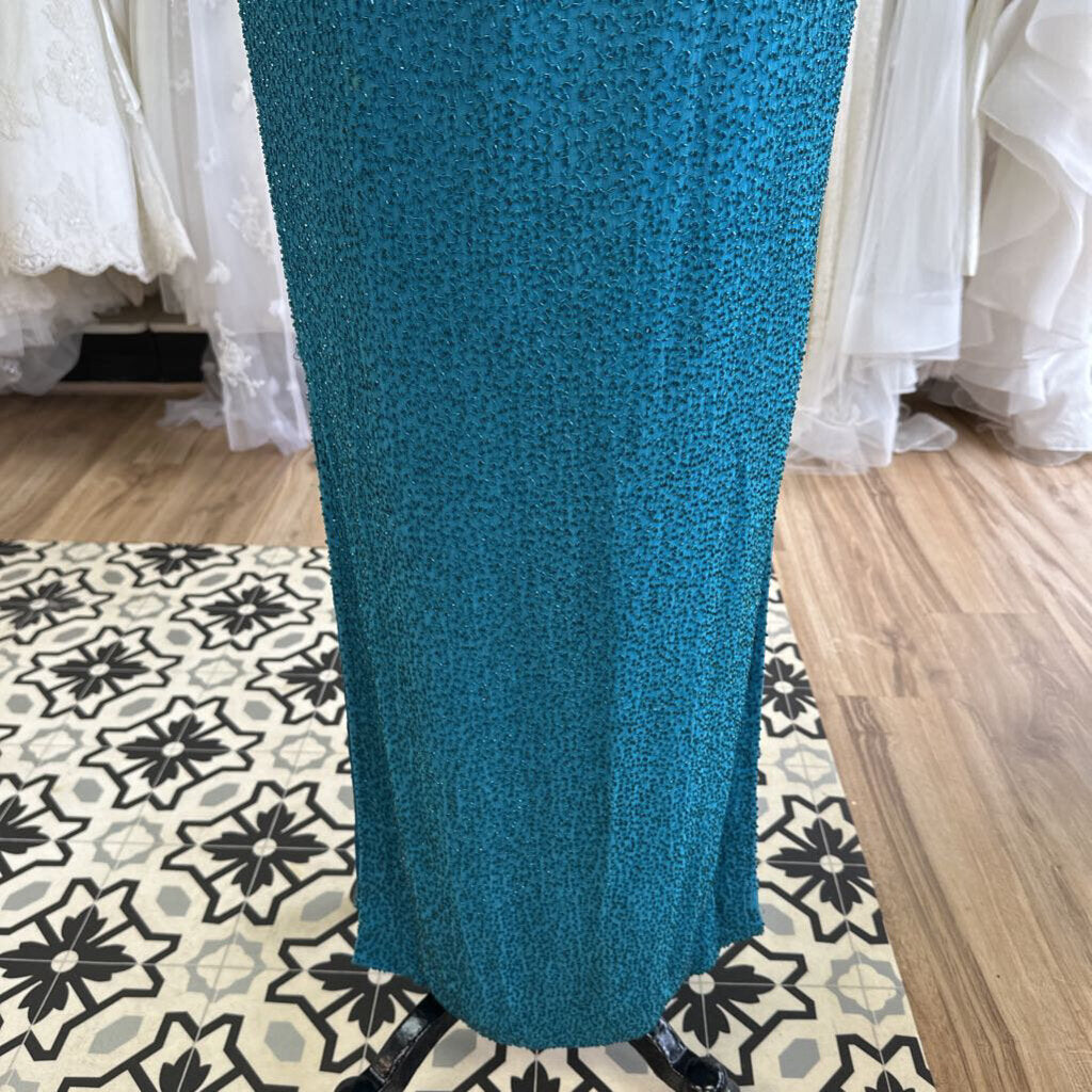 Vintage Scala Teal Fully Beaded Long Formal Medium