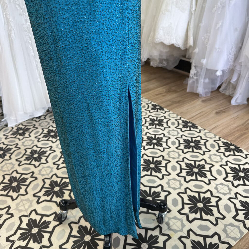 Vintage Scala Teal Fully Beaded Long Formal Medium