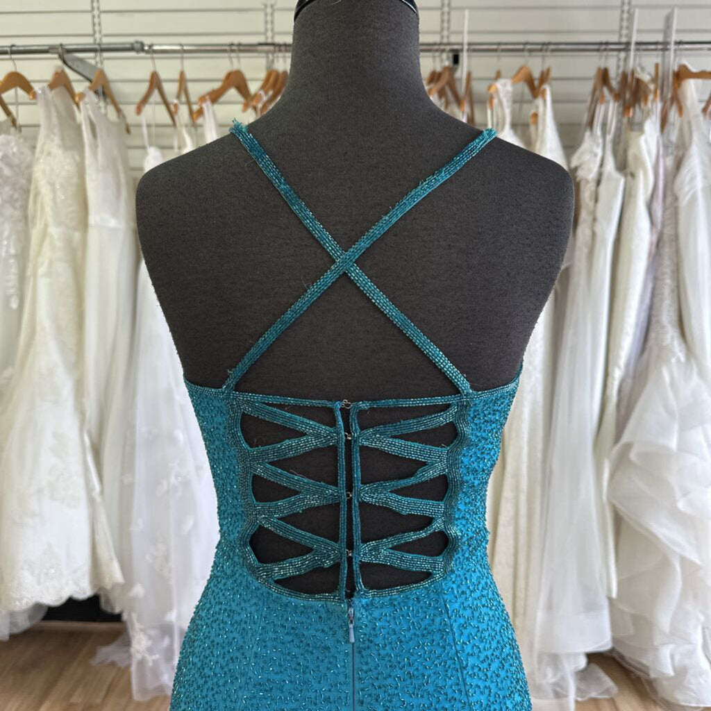 Vintage Scala Teal Fully Beaded Long Formal Medium