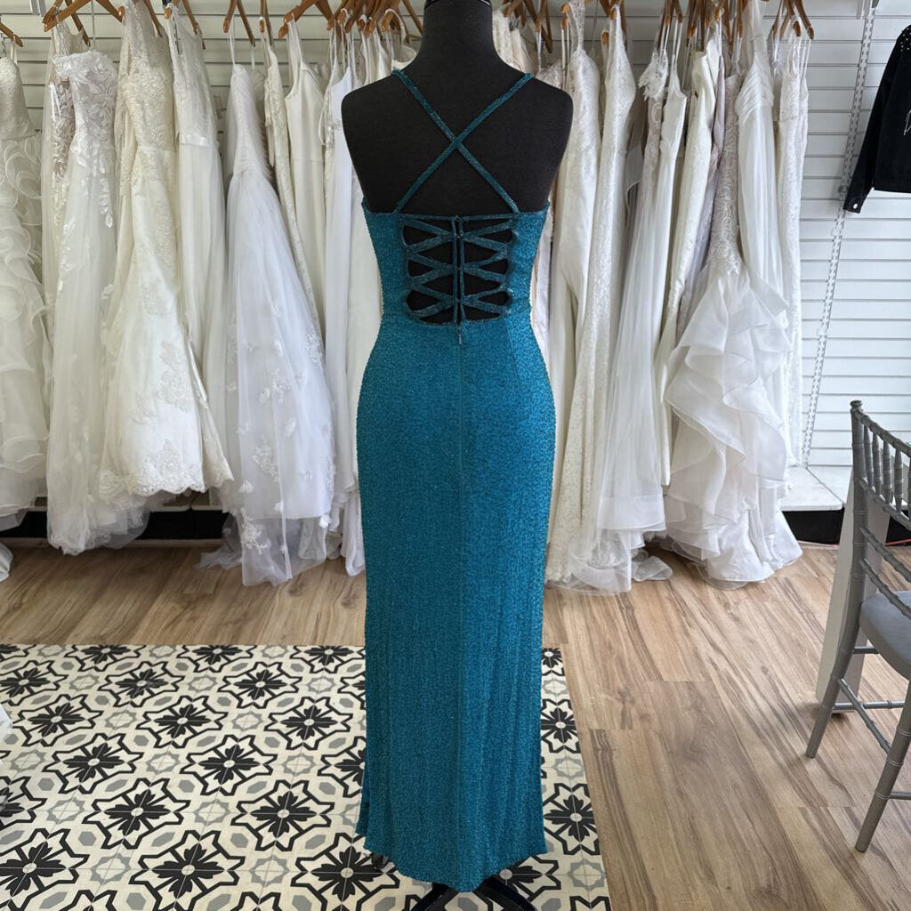 Vintage Scala Teal Fully Beaded Long Formal Medium