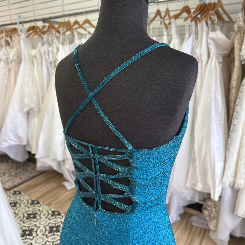 Vintage Scala Teal Fully Beaded Long Formal Medium