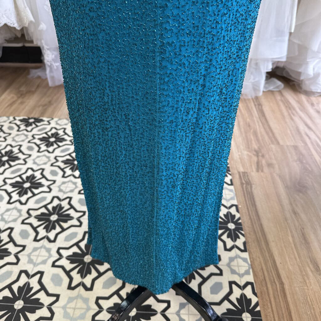 Vintage Scala Teal Fully Beaded Long Formal Medium