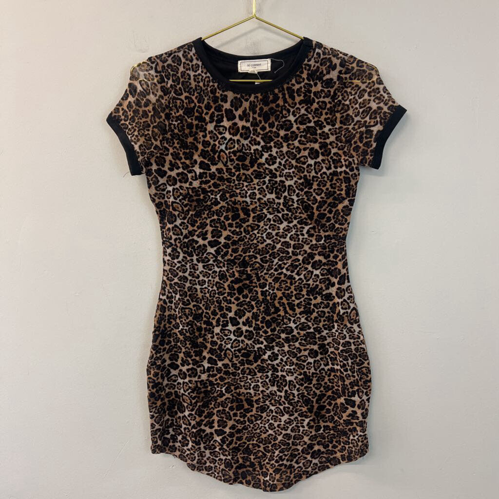 No Comment Brown/ Black Leopard Print Short Sleeve Mini Dress Small