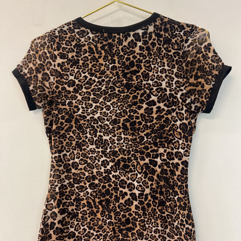 No Comment Brown/ Black Leopard Print Short Sleeve Mini Dress Small