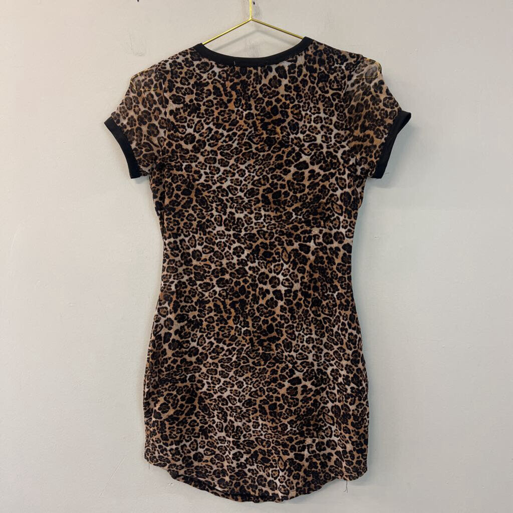 No Comment Brown/ Black Leopard Print Short Sleeve Mini Dress Small