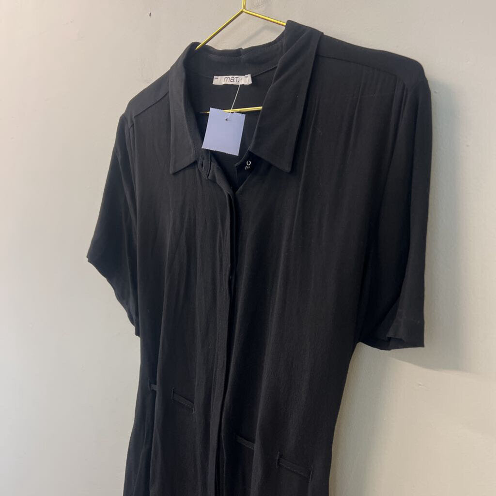 Mat Black Short Sleeve Button Down Dress Small