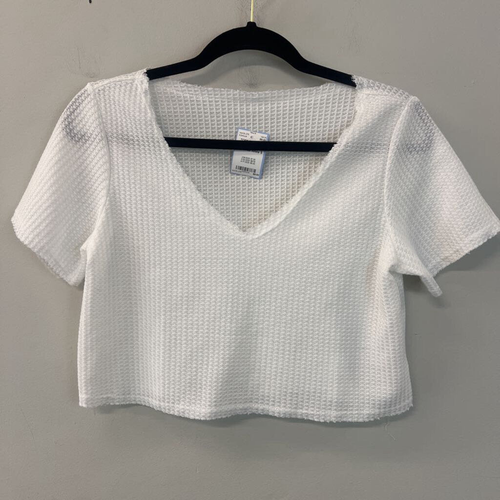 White Textured Short Sleeve Crop Top Small