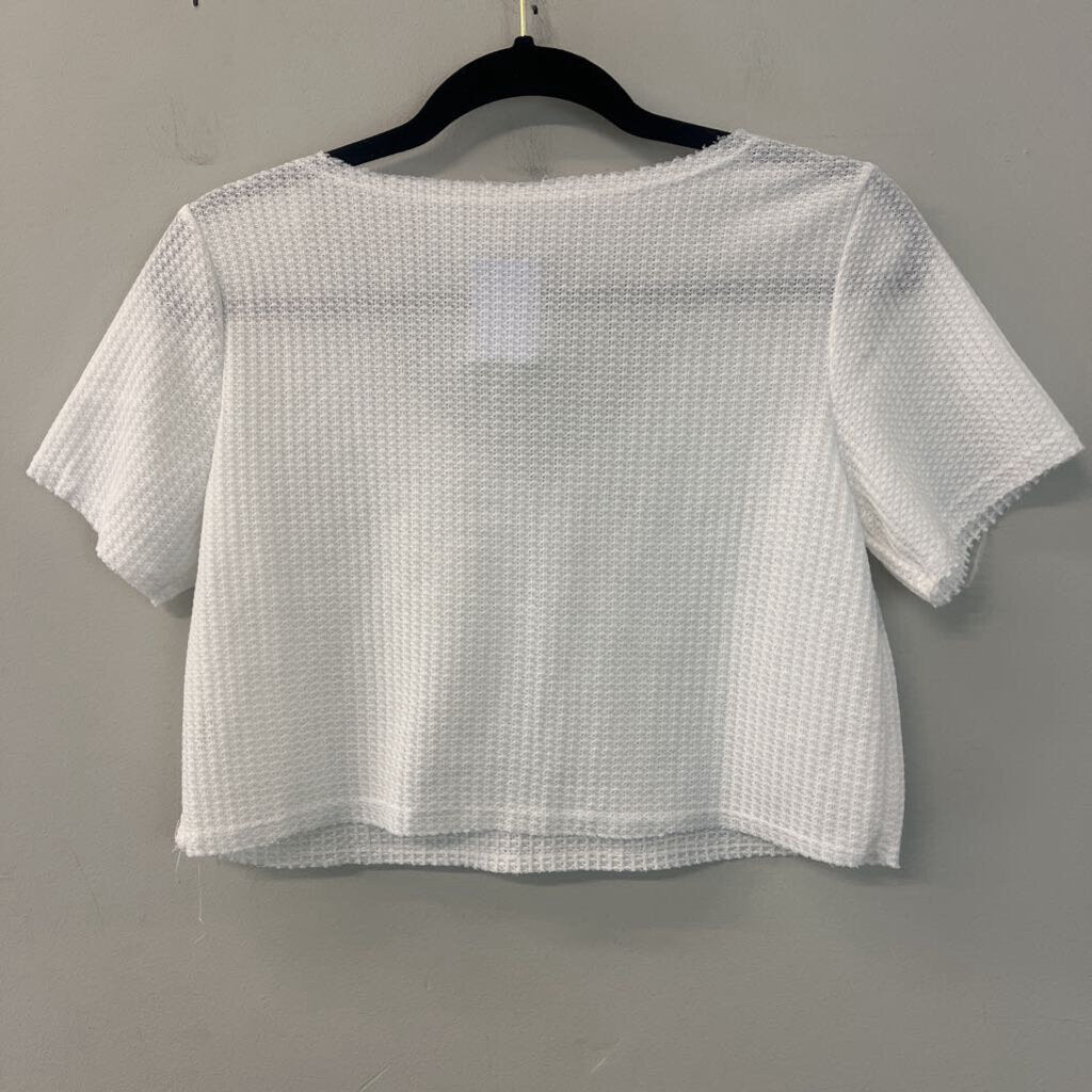 White Textured Short Sleeve Crop Top Small