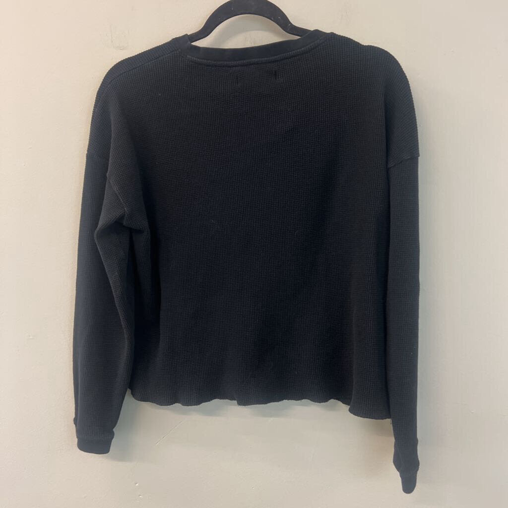 Everlane Black Waffle Knit Long Sleeve Cropped Henley Top Large