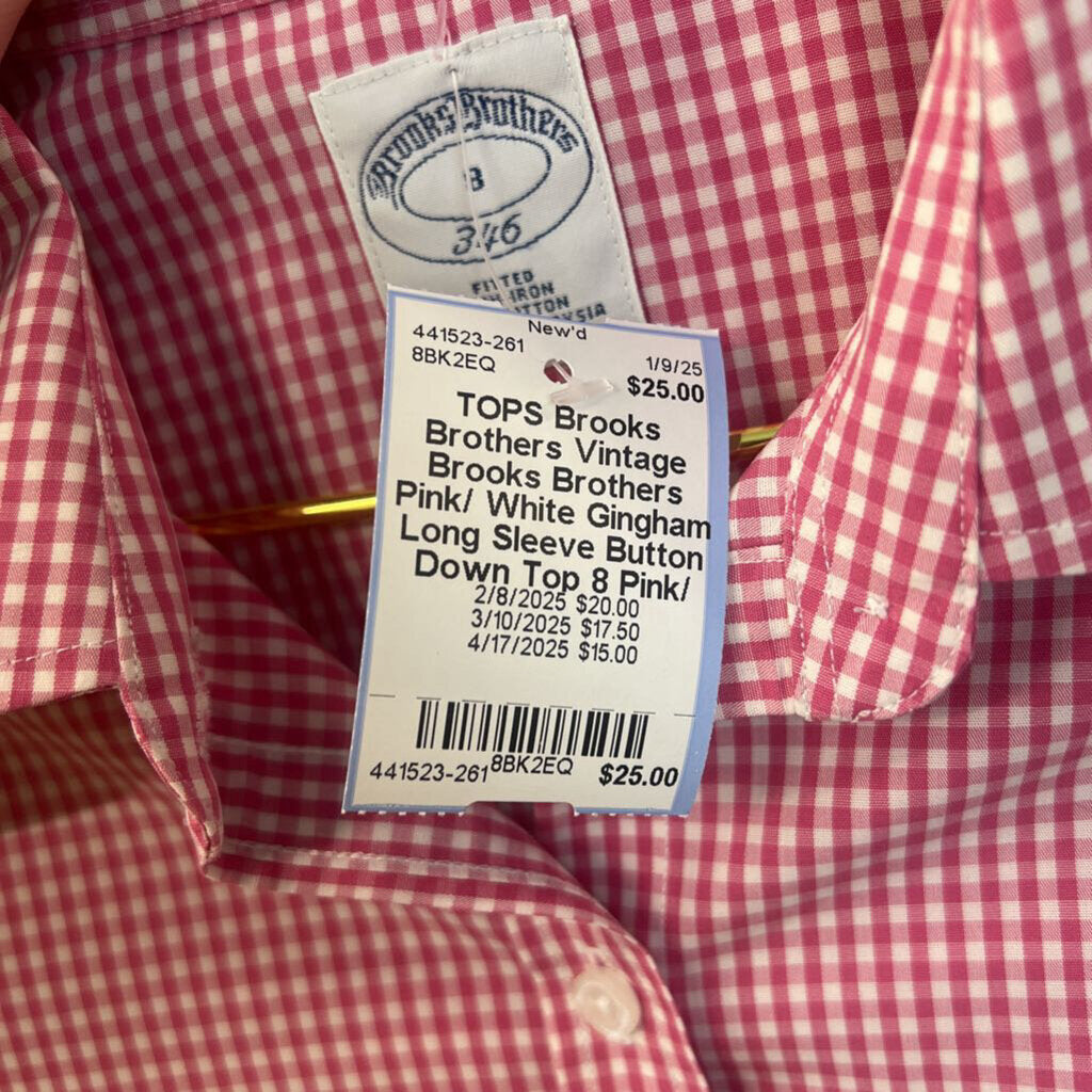 Vintage Brooks Brothers Pink/ White Gingham Long Sleeve Button Down Top 8