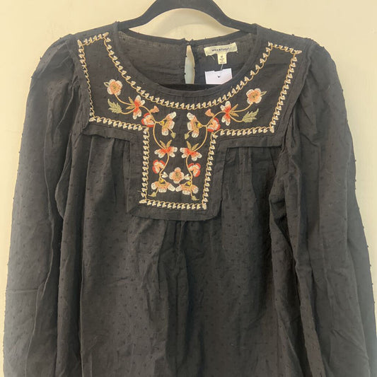 Max Studio Black/ Multi Embroidered Long Sleeve Top Medium