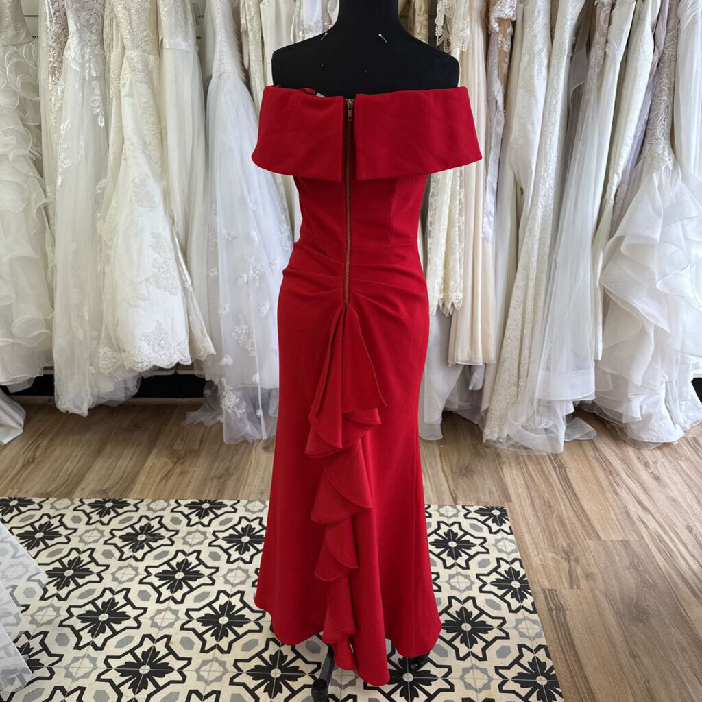 Betsy and Adam Red Off Shoulder Long Formal Dress 2P