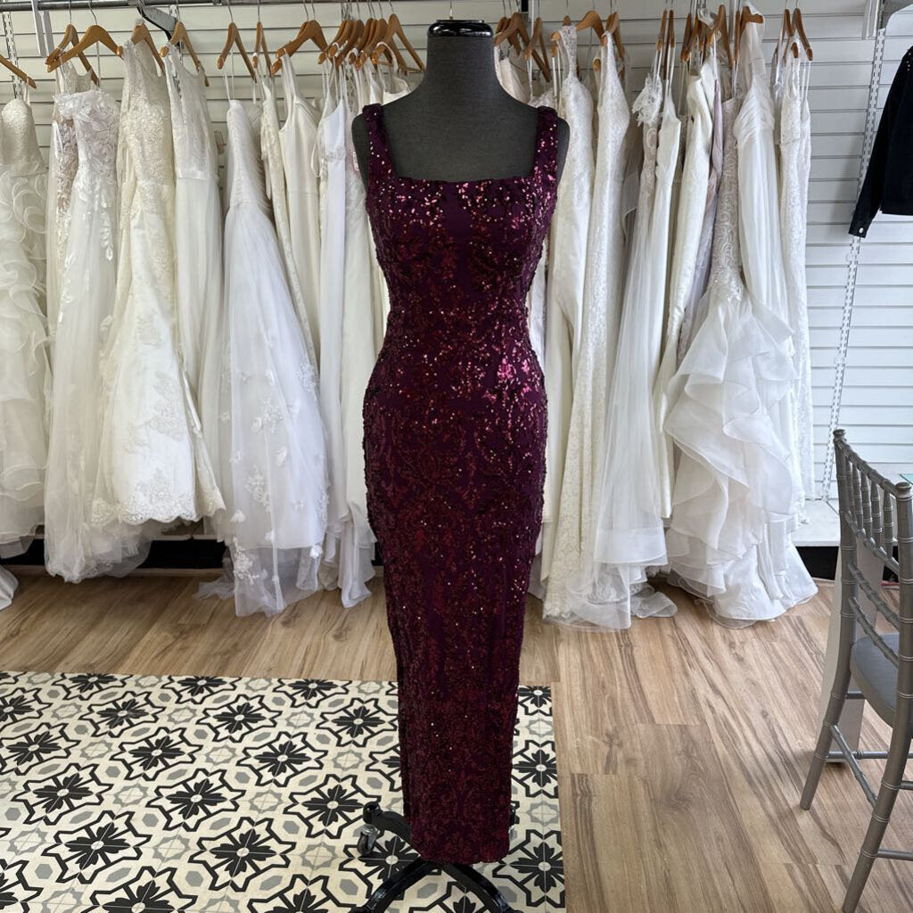 Burgundy Sequin Side Slit Long Formal Dress Small