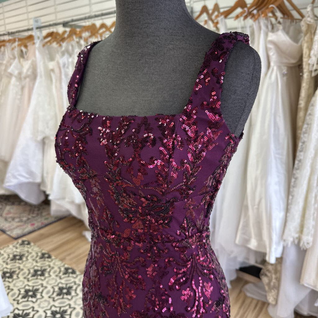 Burgundy Sequin Side Slit Long Formal Dress Small