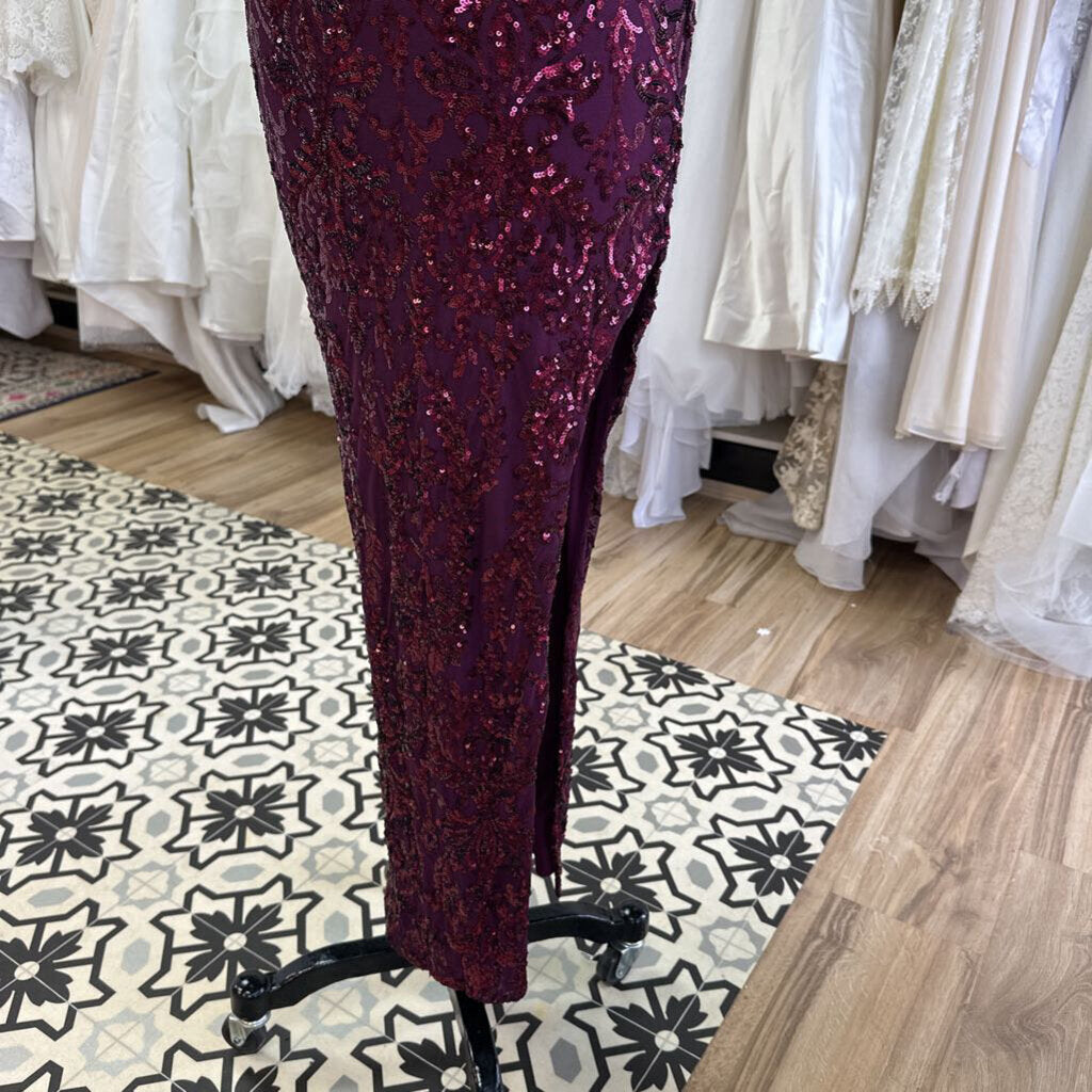 Burgundy Sequin Side Slit Long Formal Dress Small