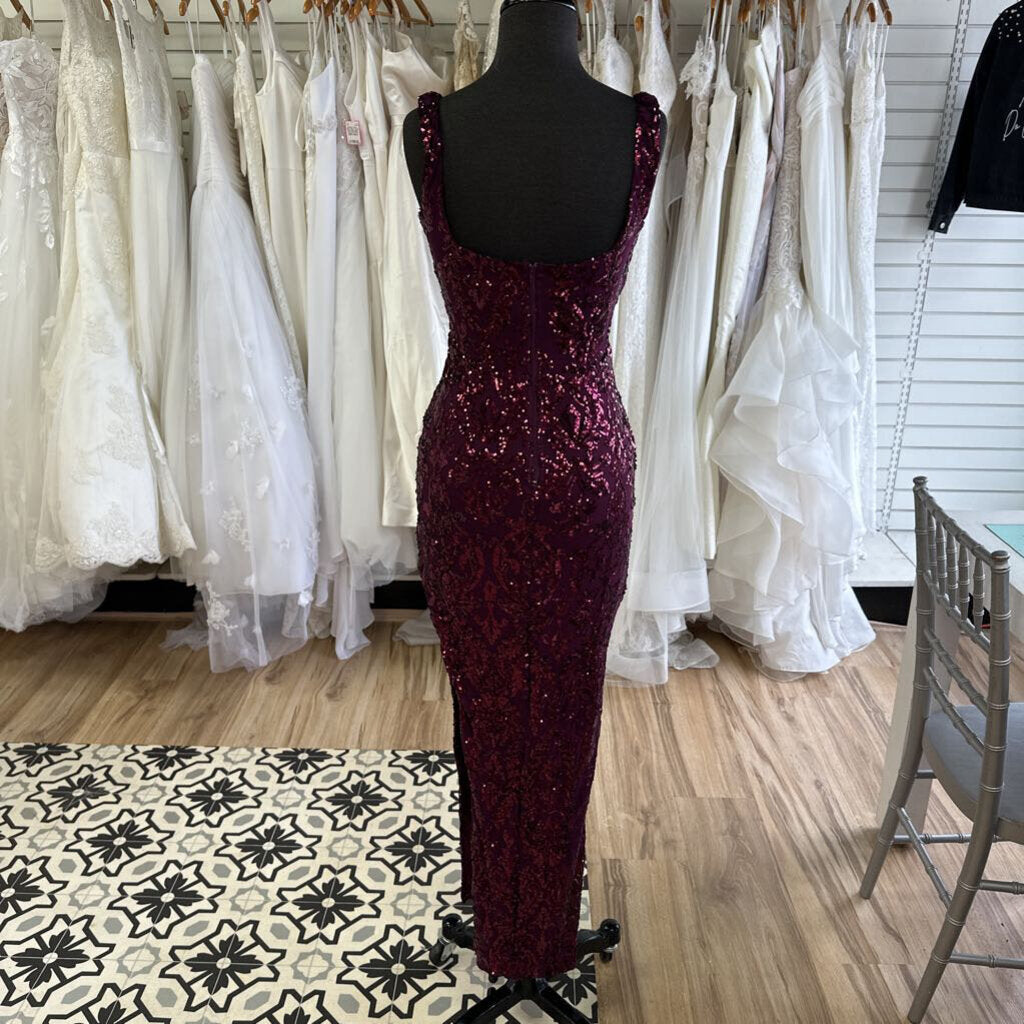 Burgundy Sequin Side Slit Long Formal Dress Small