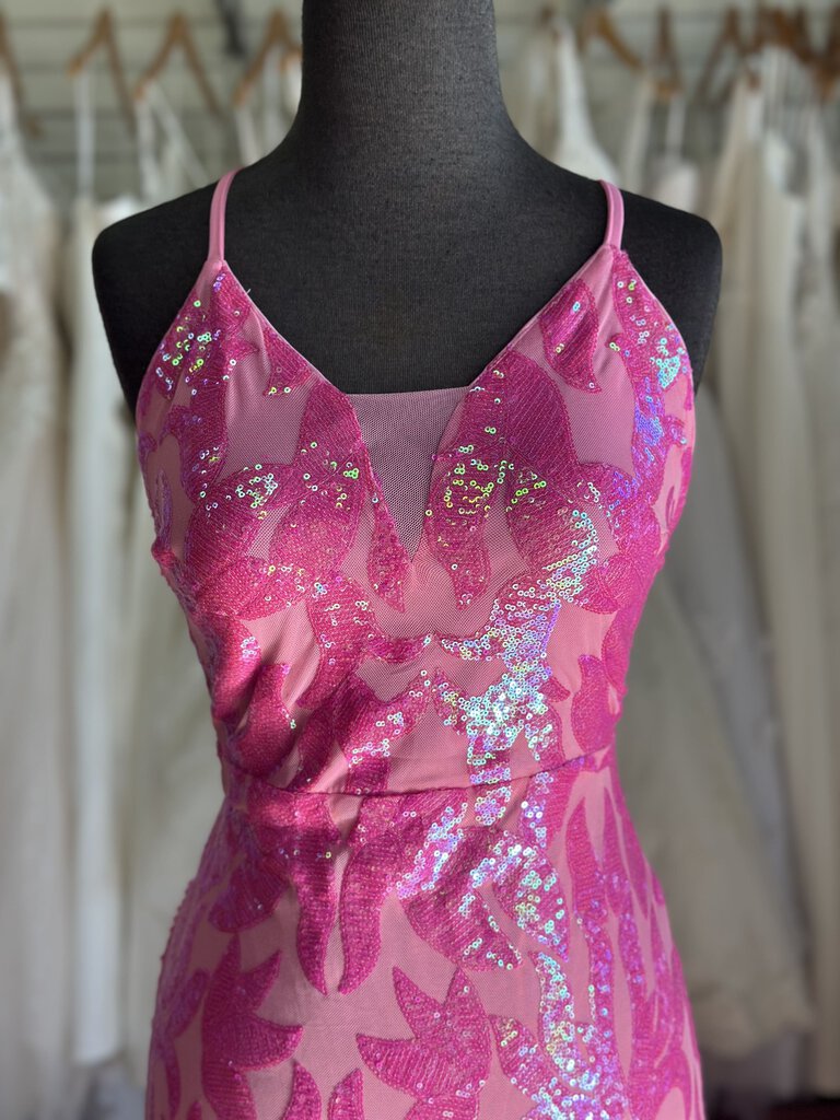 Pink Sequin V Neck Long Formal Dress Medium