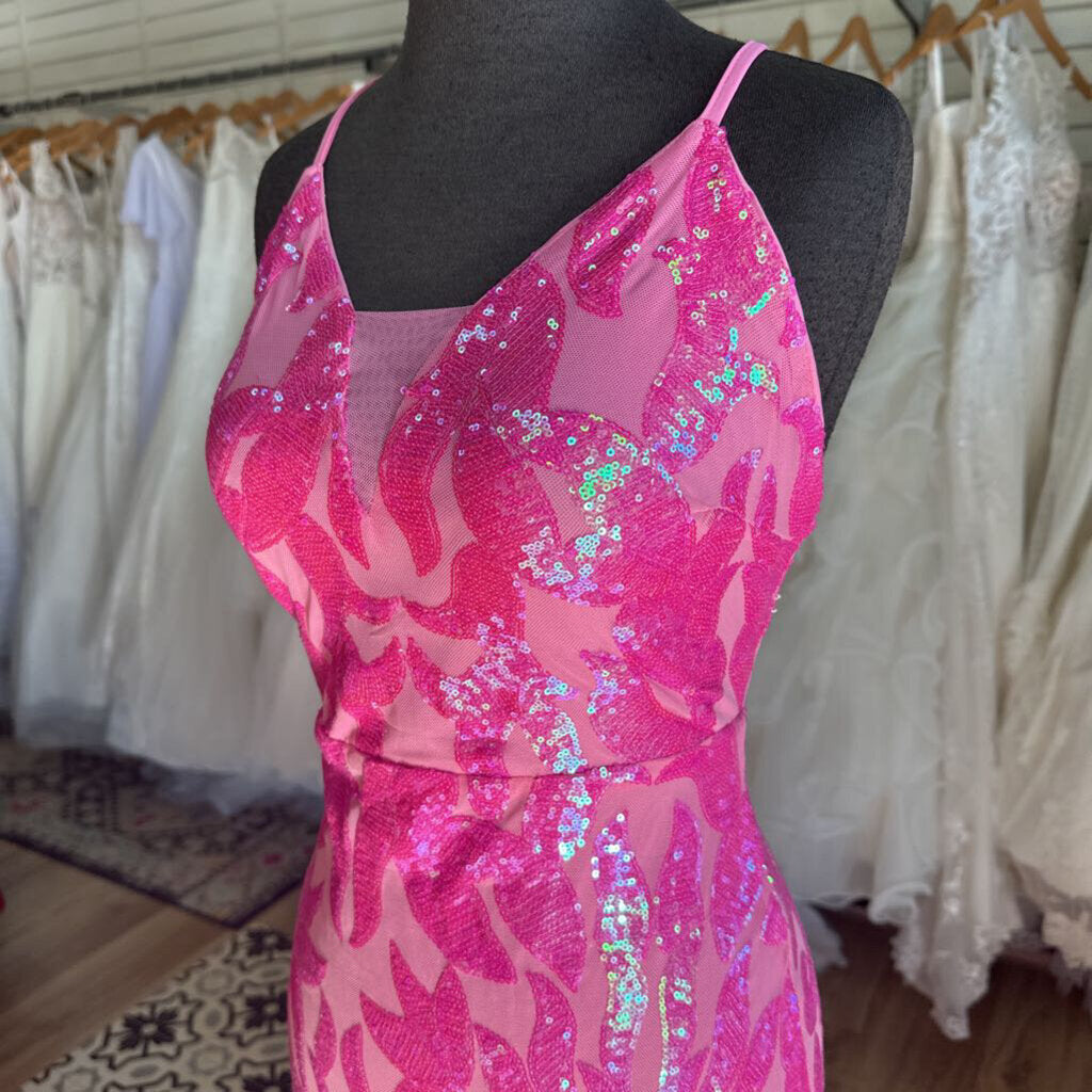 Pink Sequin V Neck Long Formal Dress Medium