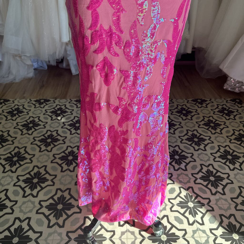 Pink Sequin V Neck Long Formal Dress Medium