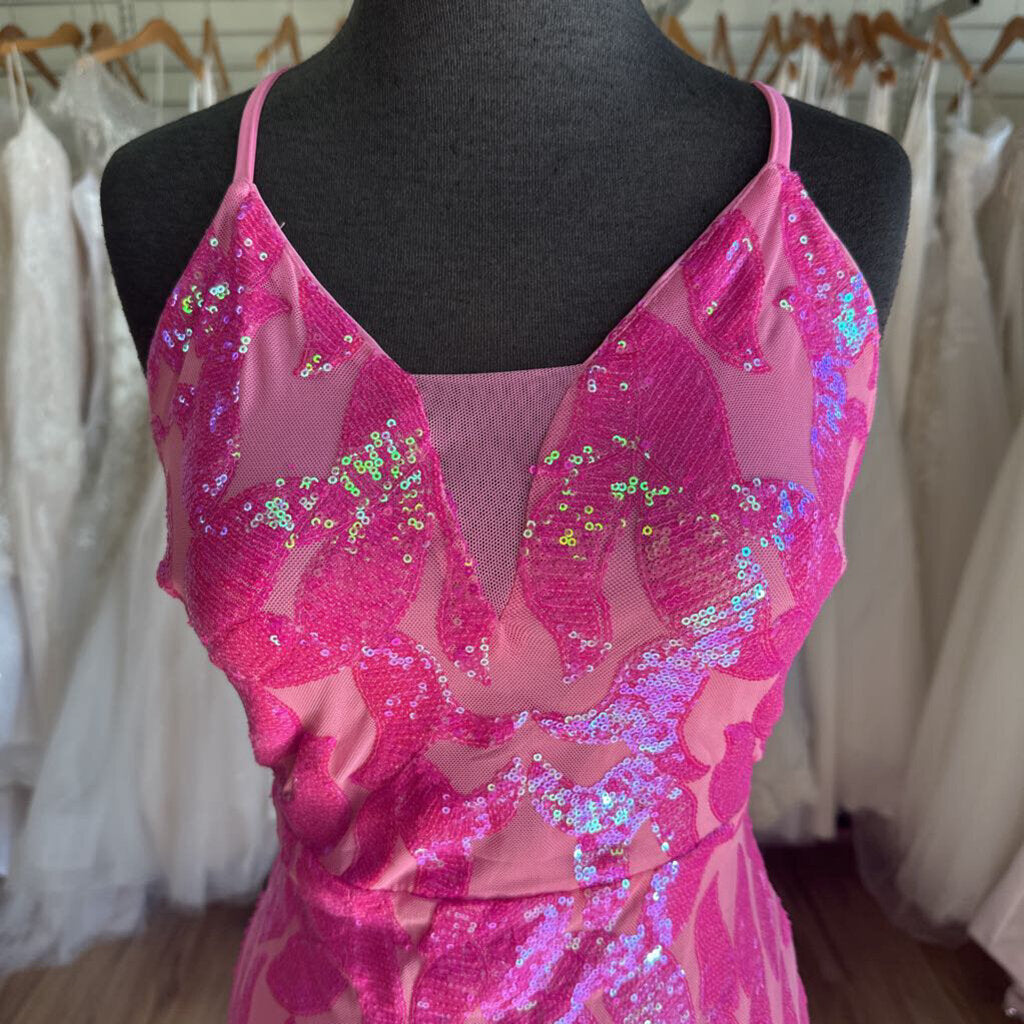 Pink Sequin V Neck Long Formal Dress Medium