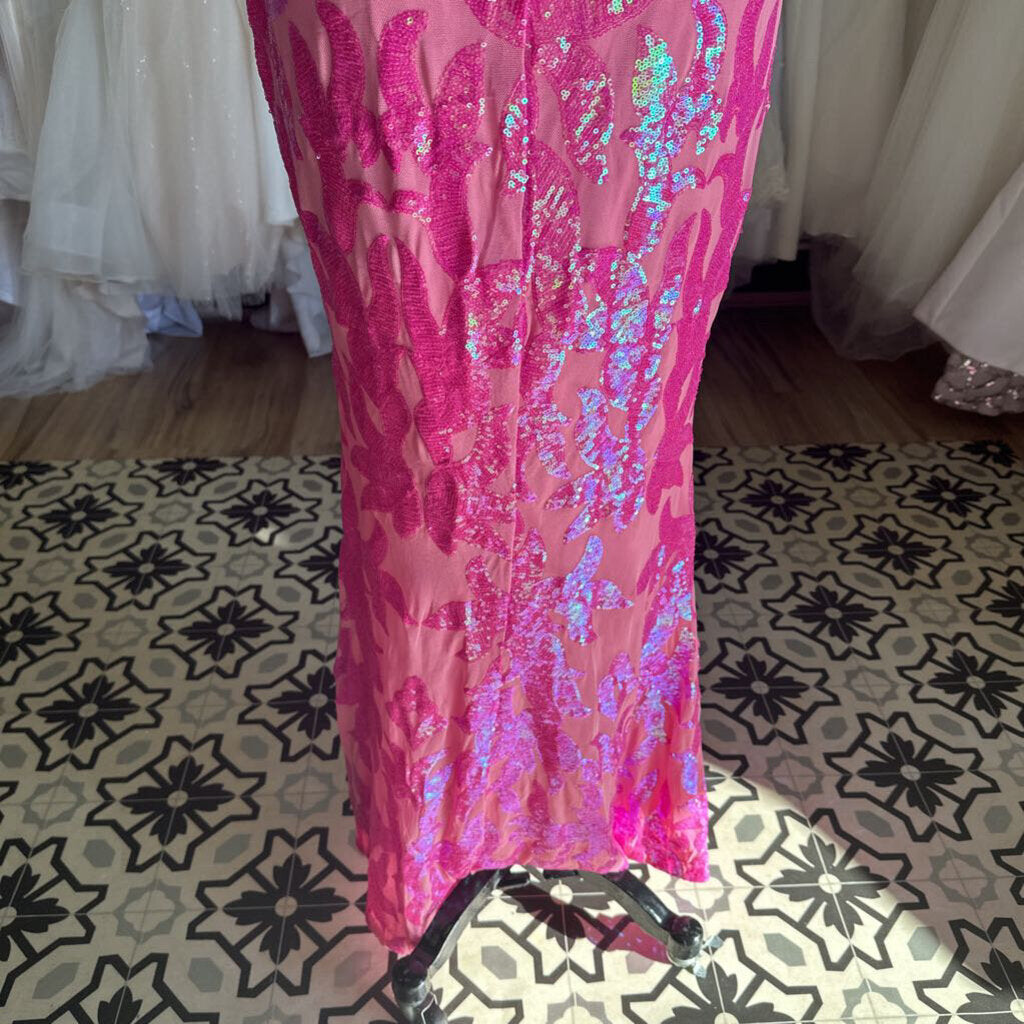 Pink Sequin V Neck Long Formal Dress Medium