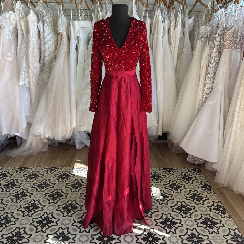 Red Sequin Long Sleeve Top Long Formal Dress Small